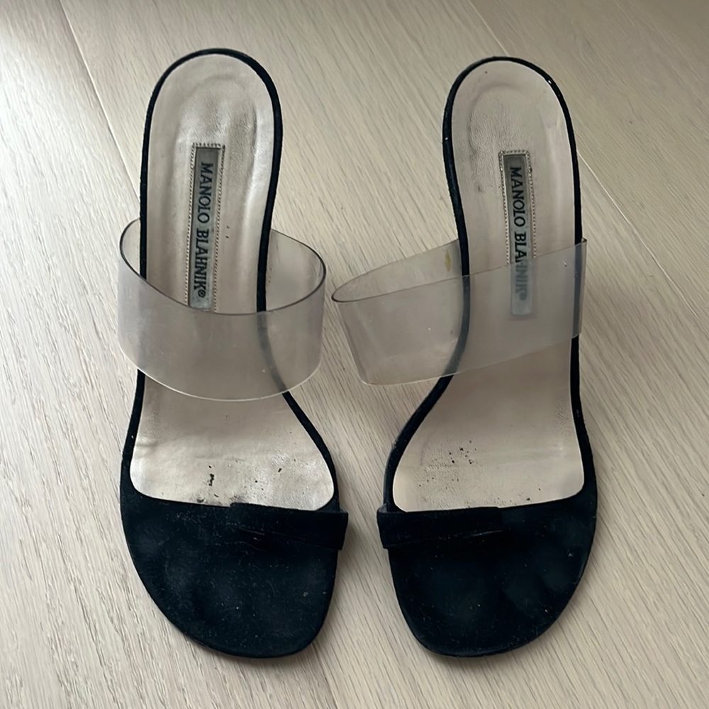 Manolo Blahnik black suede open toe lucite strap mules. One strap toe 8.5